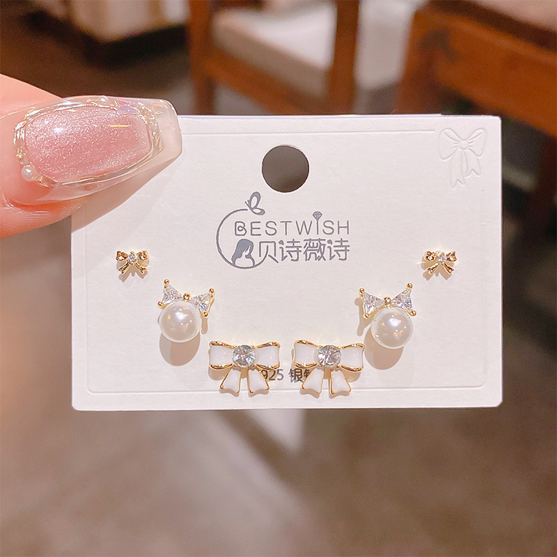 Wind real gold electroplated copper-set zircon 6 pieces three pairs of small earrings collection, earring accessories