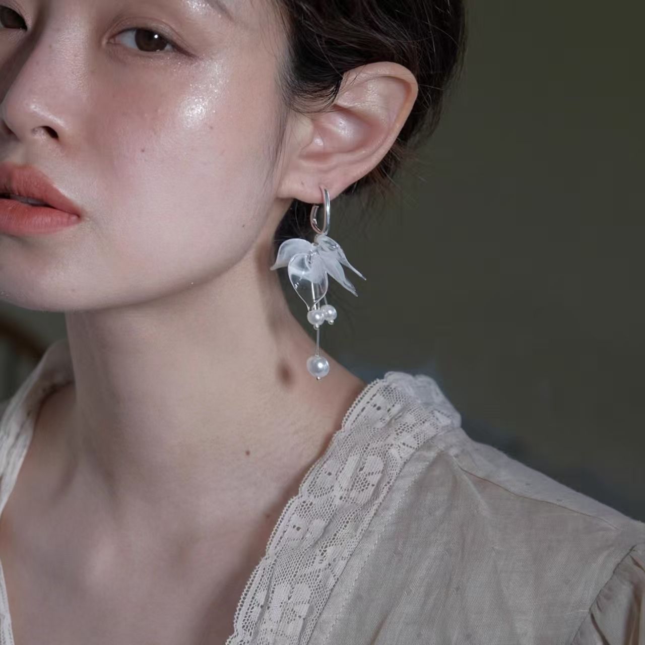 Earrings Transparent Petal Pearl Tassel Ear Accessories Stud Earrings
