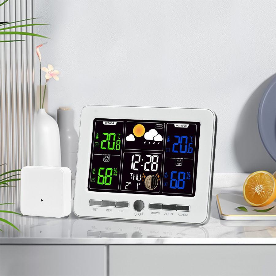 Color Screen Weather Clock Indoor Outdoor Temperature Humidity Meter Weather Alarm Clock Digital Weather Station Clock Home Wall Clock
