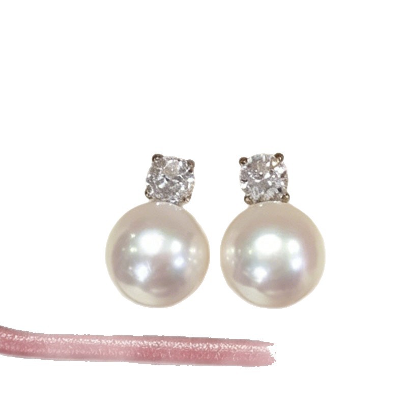 Natural Freshwater Pearl Earrings 8-9mm Large Point Small Light Bulb Dai Fei Princess S925 Silver Needle Earrings