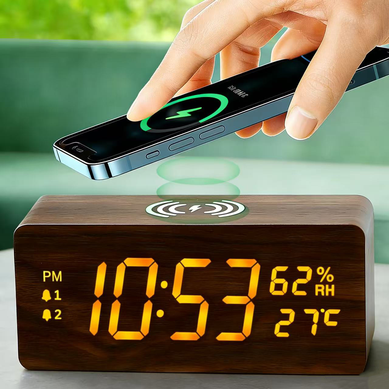Multifunctional 10W Wireless Charging Wooden Alarm Clock Phone Wireless Fast Charging Temperature Clock LED Display Alarm Clock