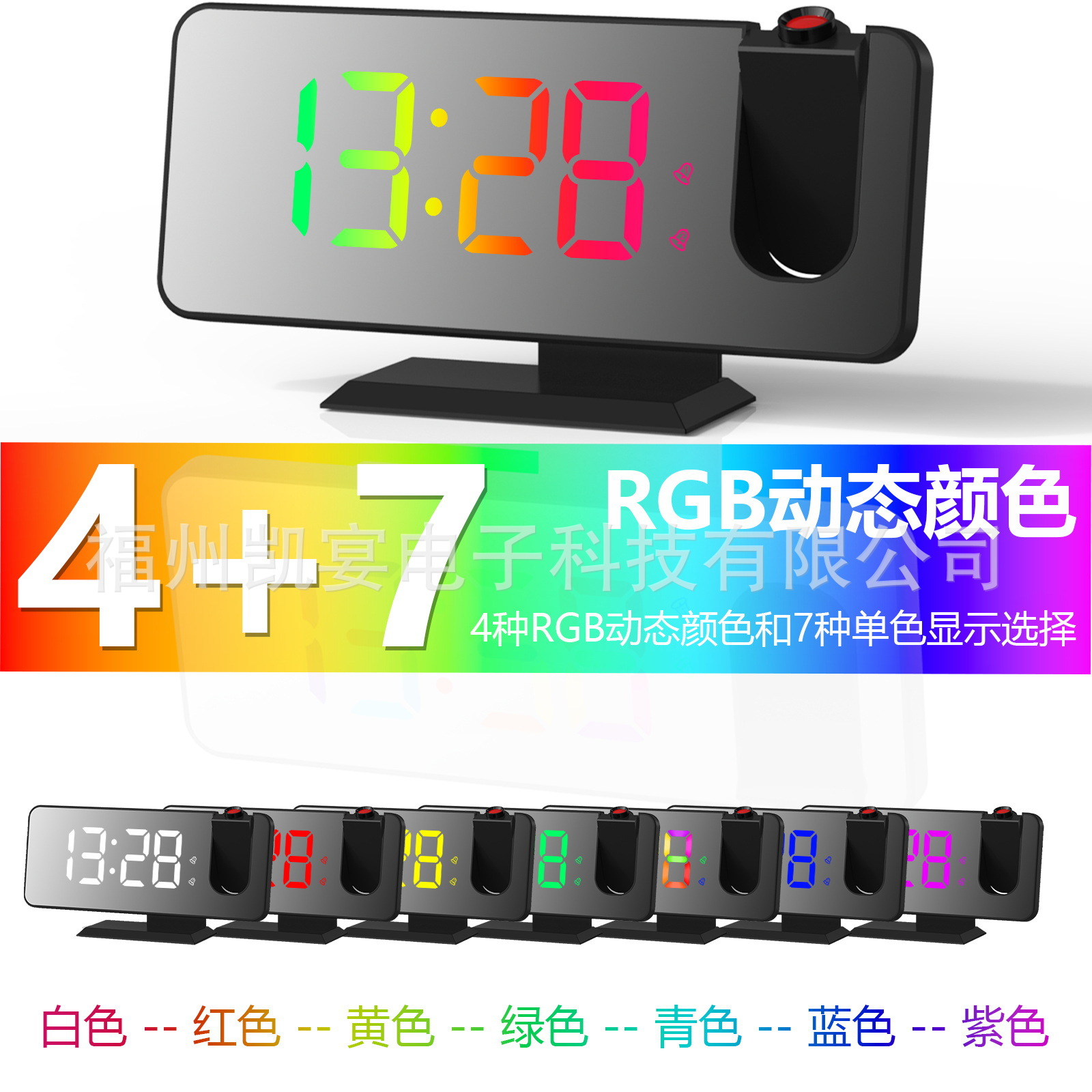 New Large Screen Mirror Dual Alarm RGB Colorful Gradient Projection Clock Electronic Clock