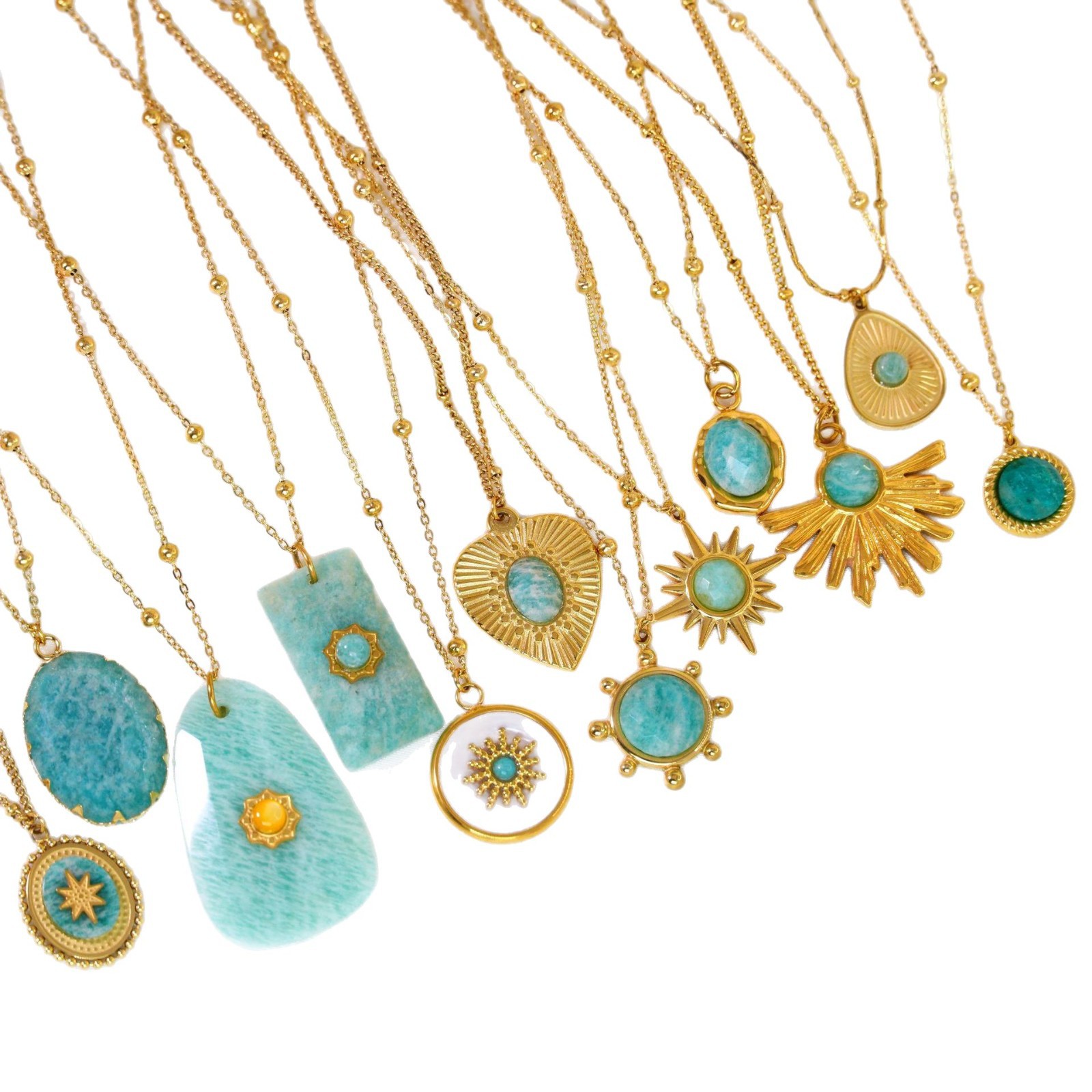 Blue Series Amazonite Stainless Steel 14K Gold Necklace Simple Handmade Necklace