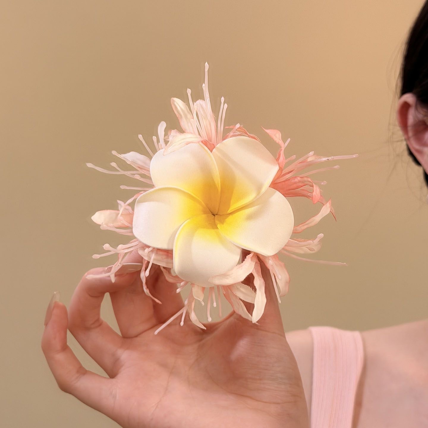 30#甜美粉色鸡蛋花发夹
