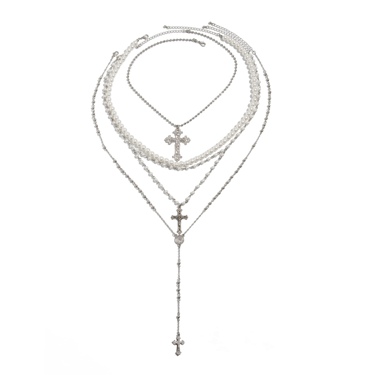 Jewelry cross metal pendant necklace elegant pearl bead Y-shaped锁骨链 multi-layer