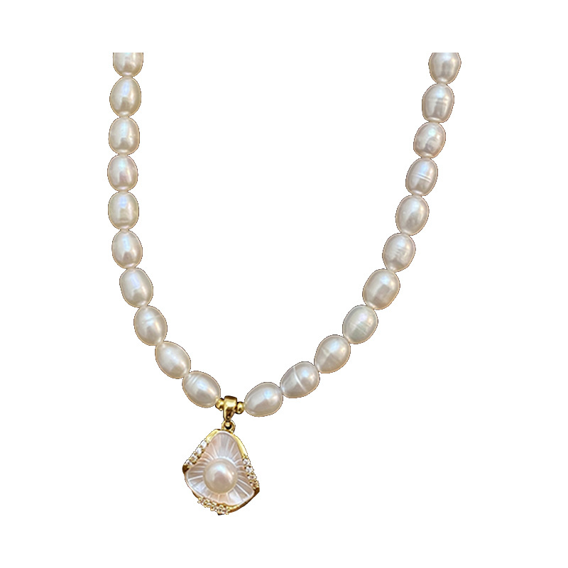 8mm large-size natural seedless freshwater pearl necklace for women, designer horseshoe clasp, collarbone chain, neck chain