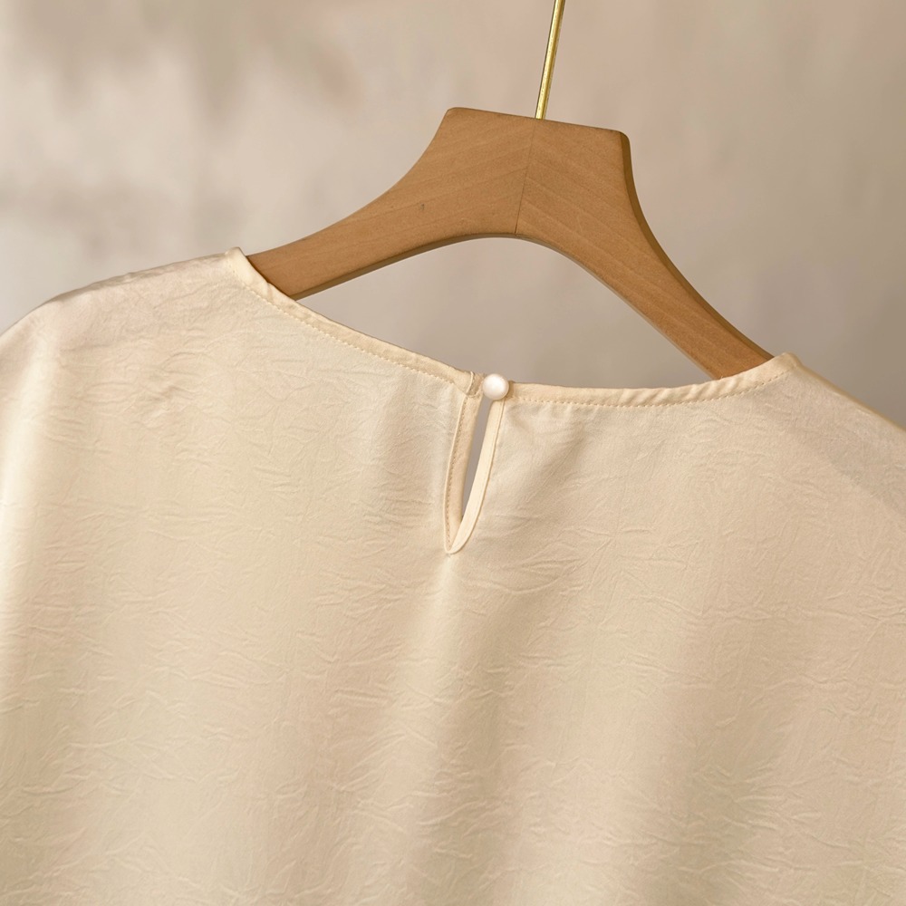Pleated silk short-sleeve shirt top 2026 summer waist round neck irregular blouse