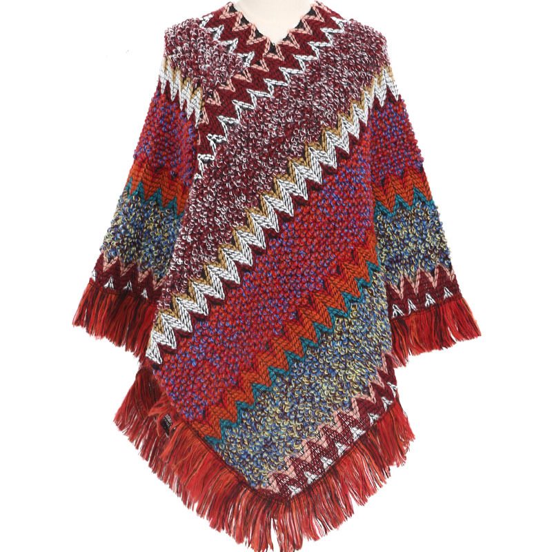 Colorful Ethnic Style Pullover Cape Women Poncho Acrylic Women Knit Cape Warm Autumn Winter Shawl