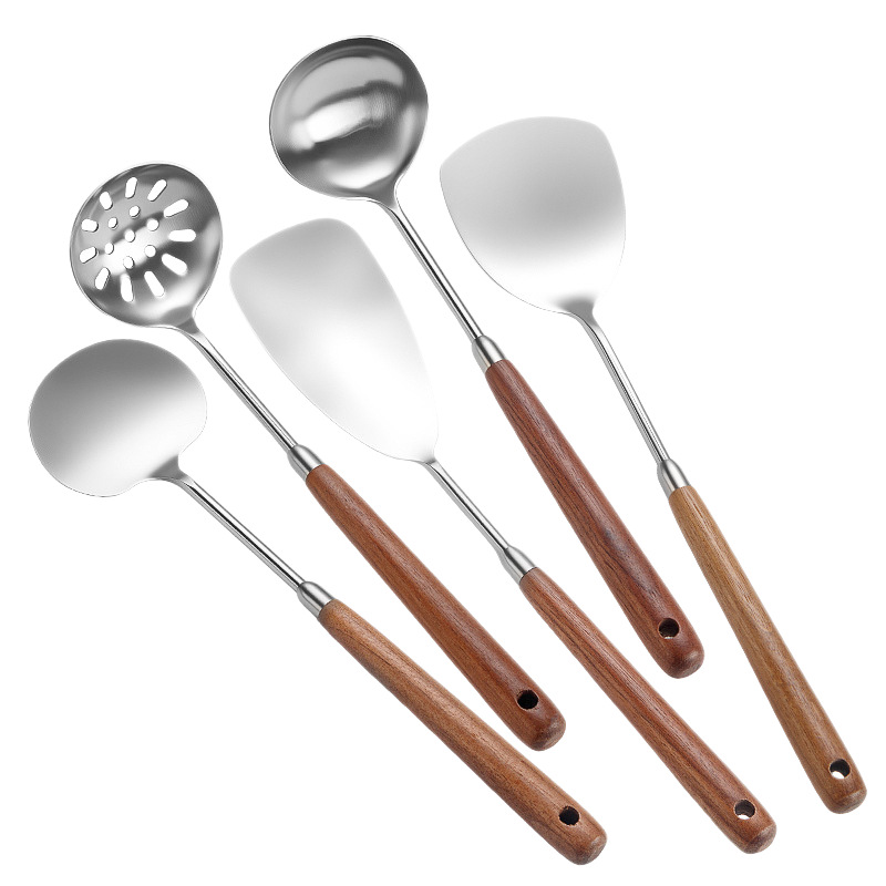 Walnut solid wood spatula kitchenware set wok household spatula 304 stainless steel soup slotted spoon frying spatula mini