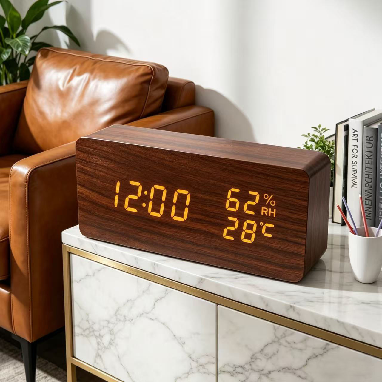 Wooden temperature and humidity clock, digital electronic alarm clock, smart LED temperature digital clock, desktop alarm clock