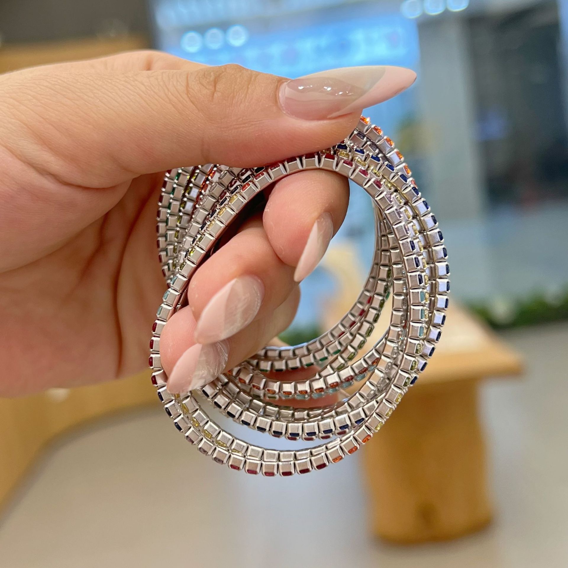 Live S925 sterling silver tennis bracelet for women, colorful zircon elastic rope full diamond banquet hand accessories wholesale