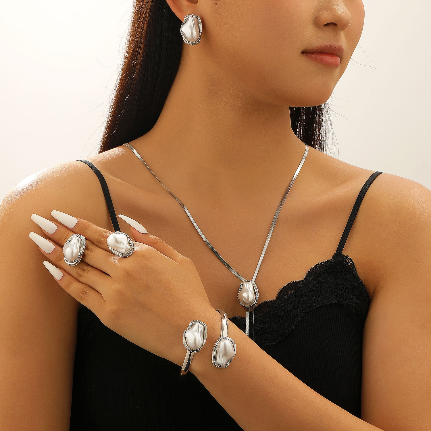 Baroque Irregular Pearl Set Jewelry Women Necklace Stud Earrings Bracelet Choker