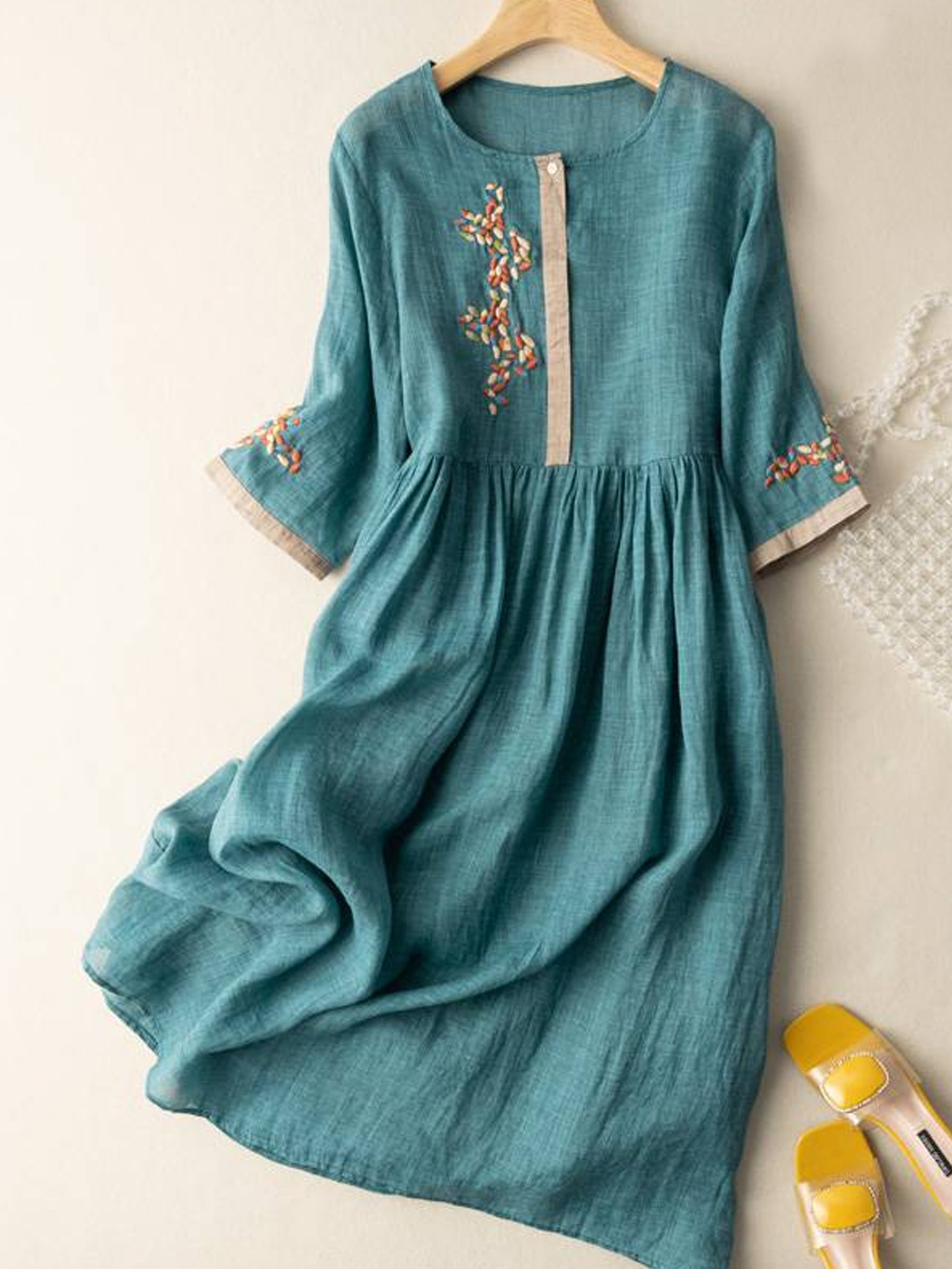 New Chinese style cotton-linen seven-point sleeve dress ethnic style summer loose middle-aged dress long dress