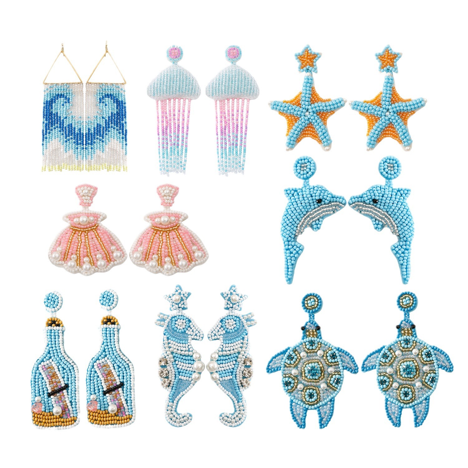 Summer Ocean Vacation Style Handmade Beaded Bohemian Cute Cartoon Dolphin Starfish Animal Seed Bead Earrings