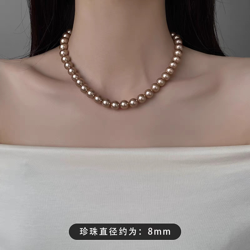 Swarovski Champagne Color Pearl Necklace for Women, Small Clavicle Chain, Sweater Chain, Neck Chain Elegant