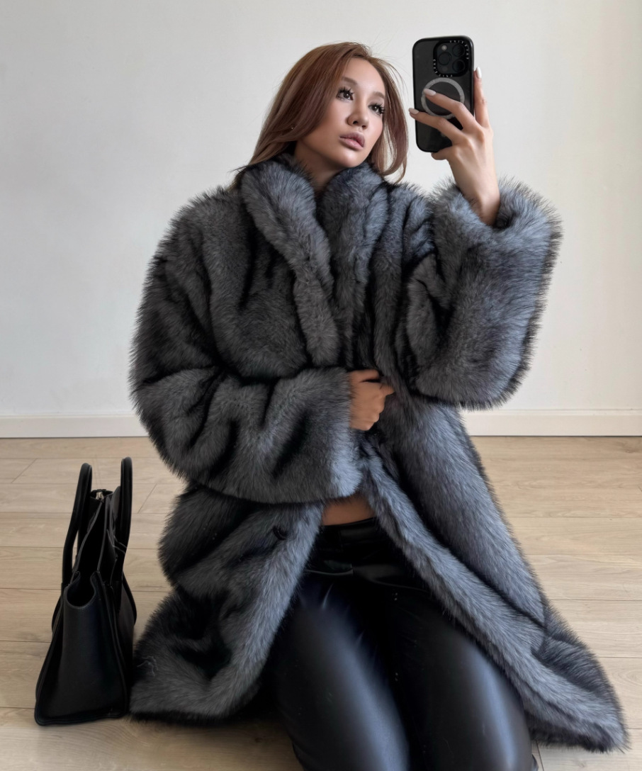 New faux fur artificial fur jacket lengthened shawl collar fox fur fluffy eco-friendly fur