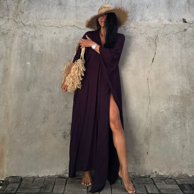 New Rayon Solid Color Cover Up Seaside Vacation Long Dress Loose Cover Up Bikini Swimsuit Long Dress Outer Women