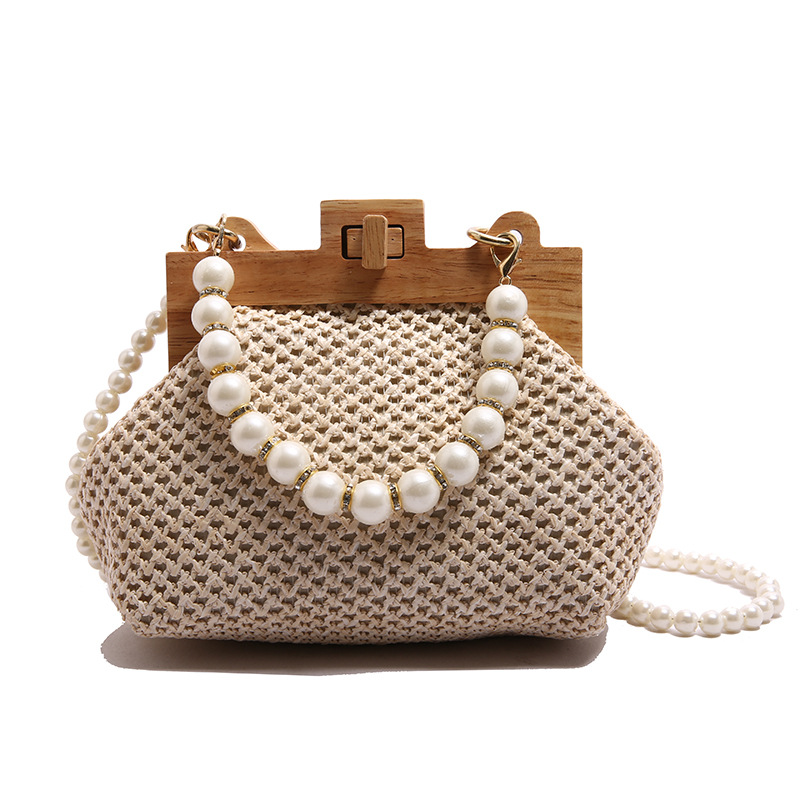 Summer beach seaside vacation pearl chain wooden clip hand-woven bag fresh shoulder handbag for women