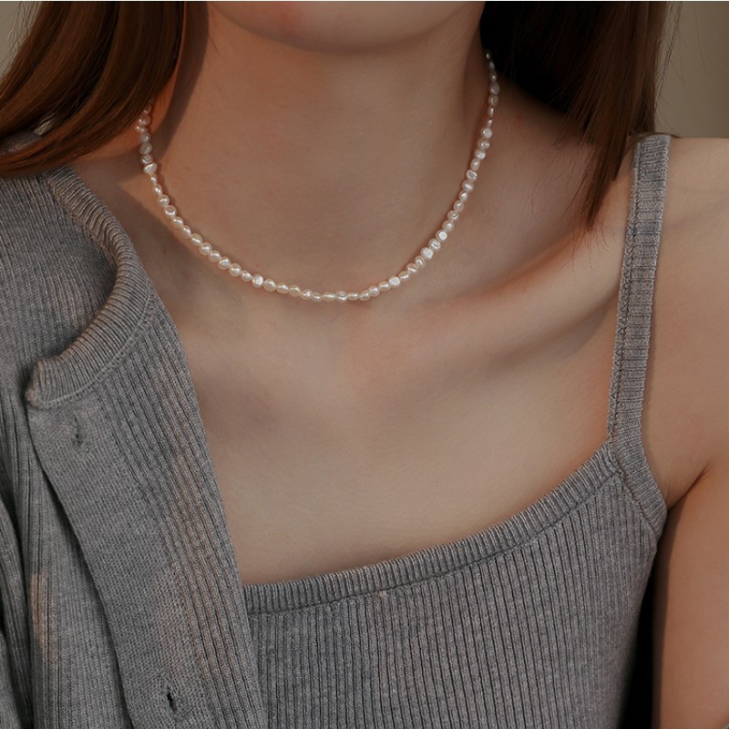 Baroque small rice freshwater pearl necklace for women, irregular pearl collarbone chain