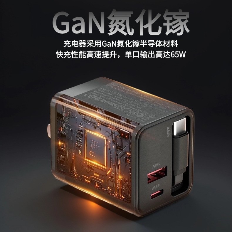 EU standard PD65W GaN full protocol A+C fast charging head retractable cable triple port charger set