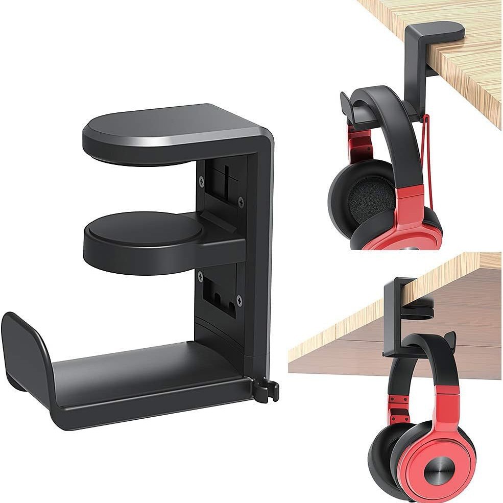 Gaming headset headphone hook stand with adjustable rotating arm clip, under-desk design
