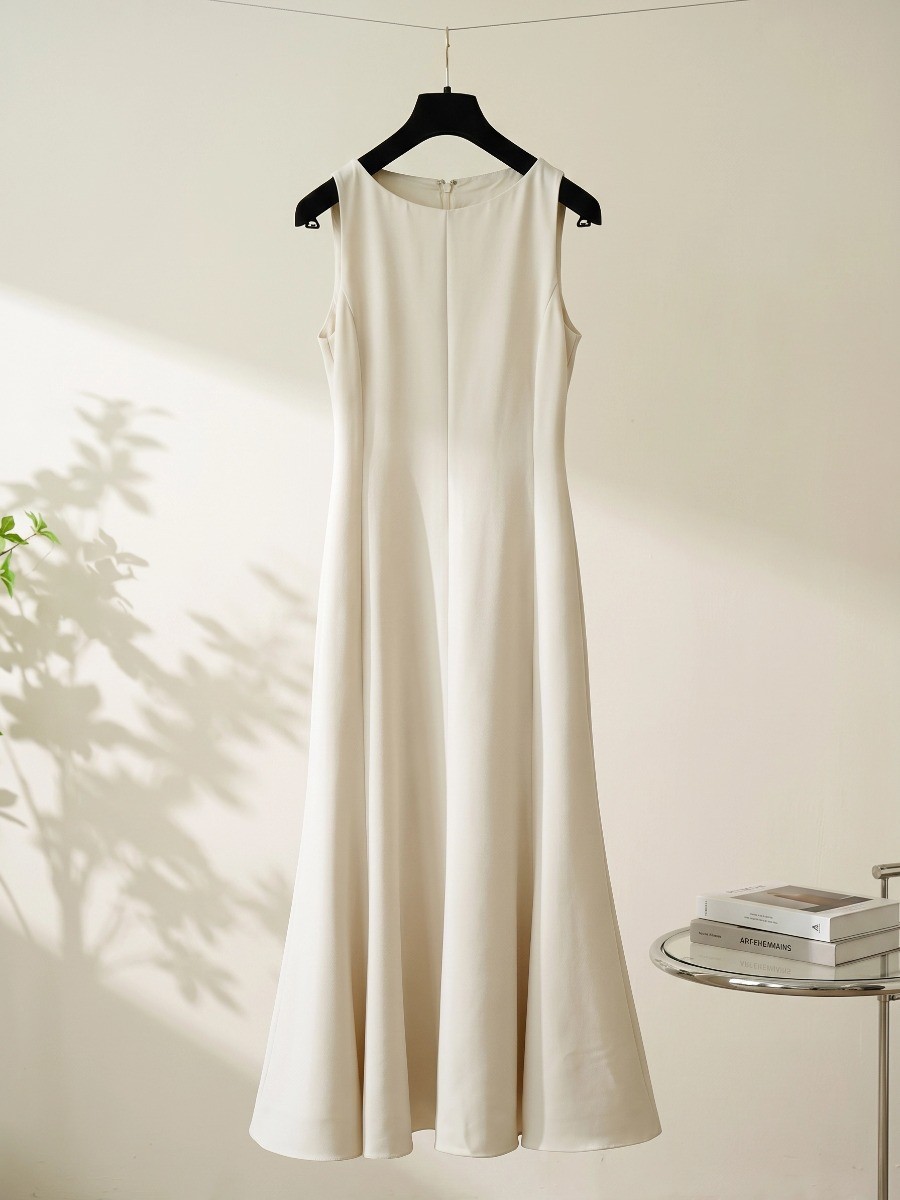 th**ry A-line acetate dress women summer Hepburn style sleeveless fishtail umbrella swing vest dress midi
