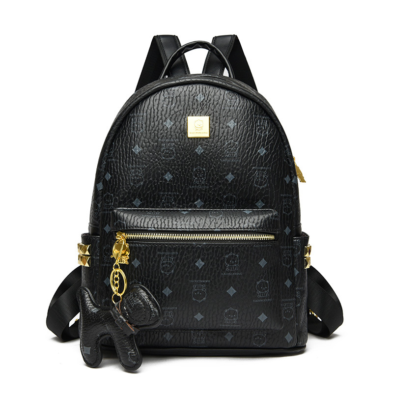 Brand M bear rivet double-shoulder bag fan print diamond quilted double-shoulder women's bag with pendant high-quality leather schoolbag