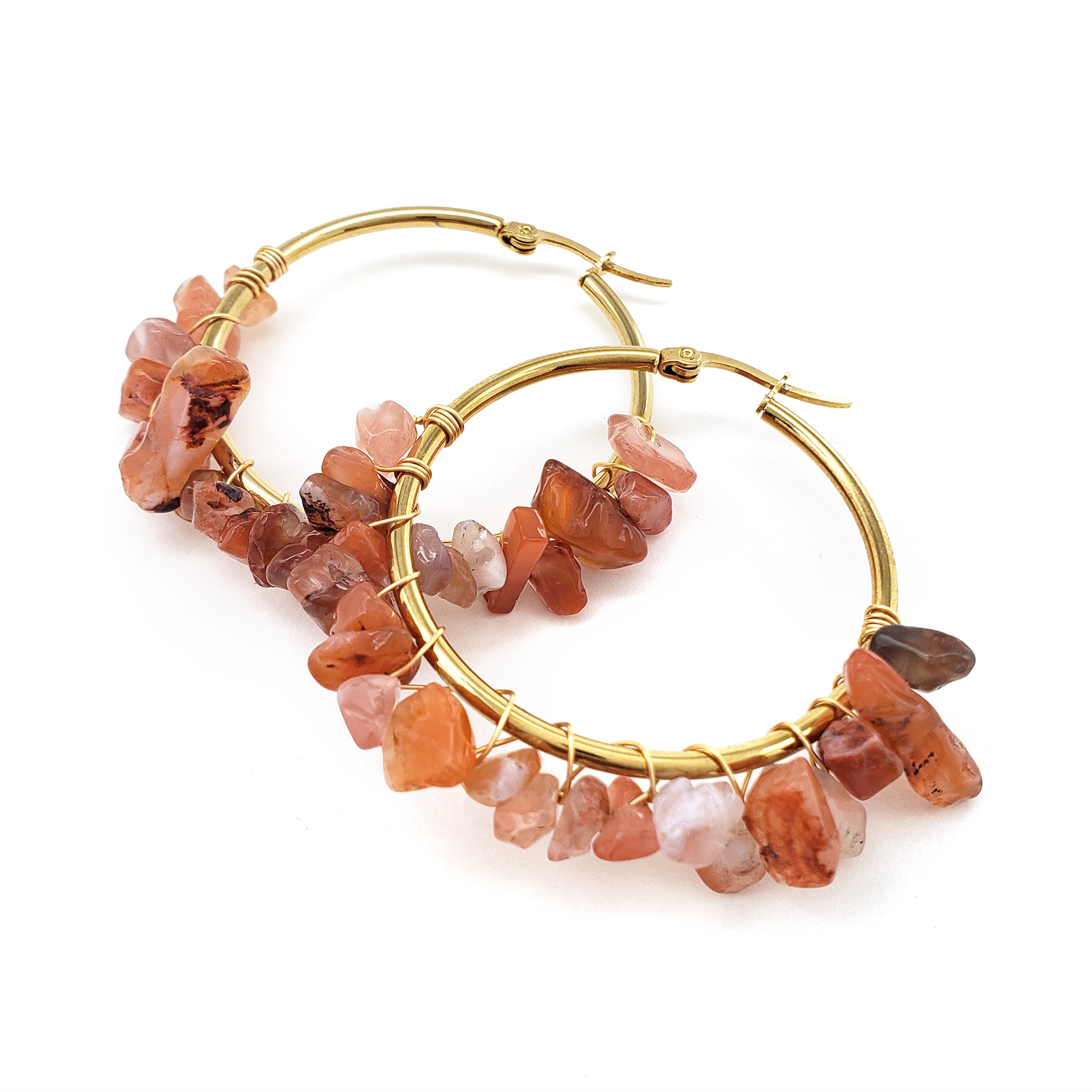 Large Circle Natural Crystal Raw Stone Earrings Hand-wrapped Green Donglin Stone Women's Commute Stainless Steel Earrings