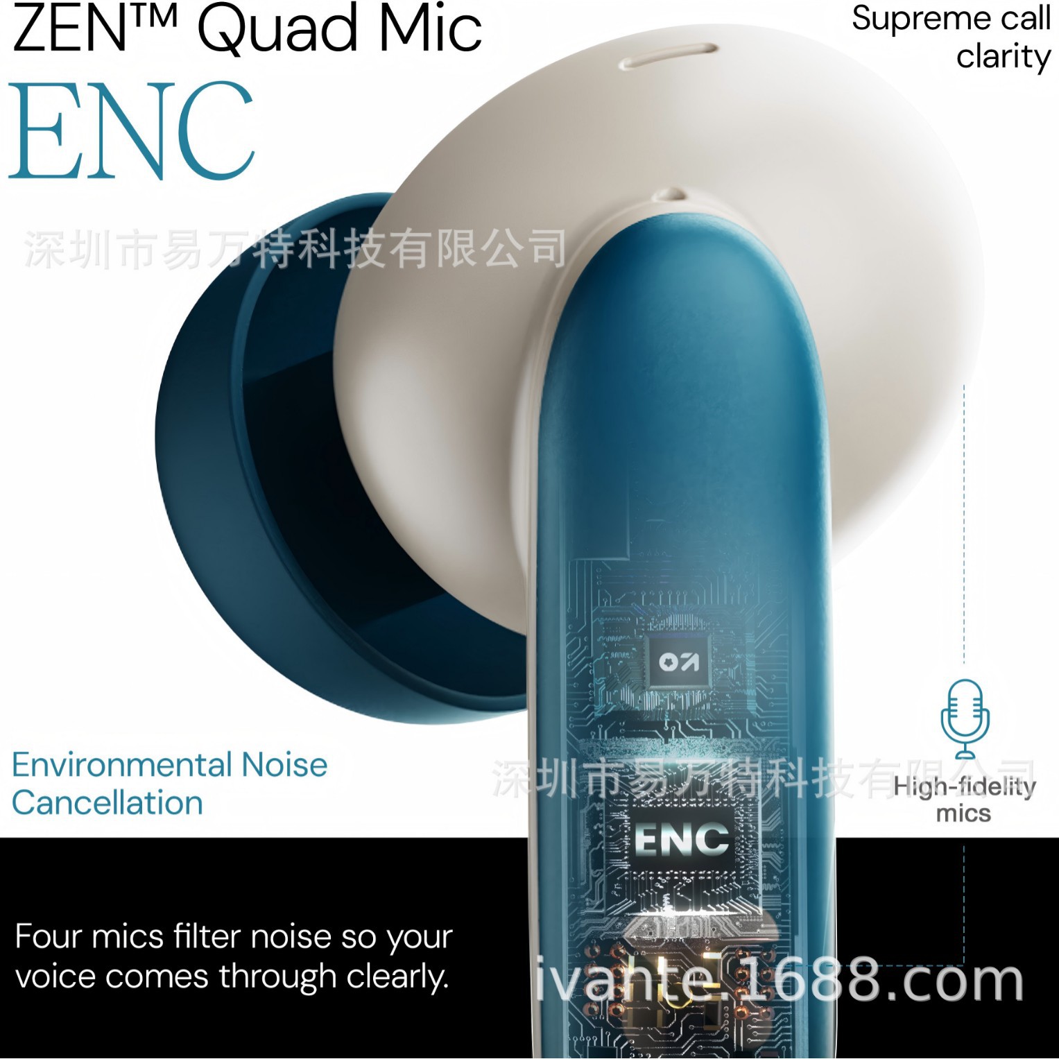 IVANTE Private Mold S49E Call ANC Active Noise Reduction Low Latency Ultra-Thin TWS In-Ear Bluetooth Headphones