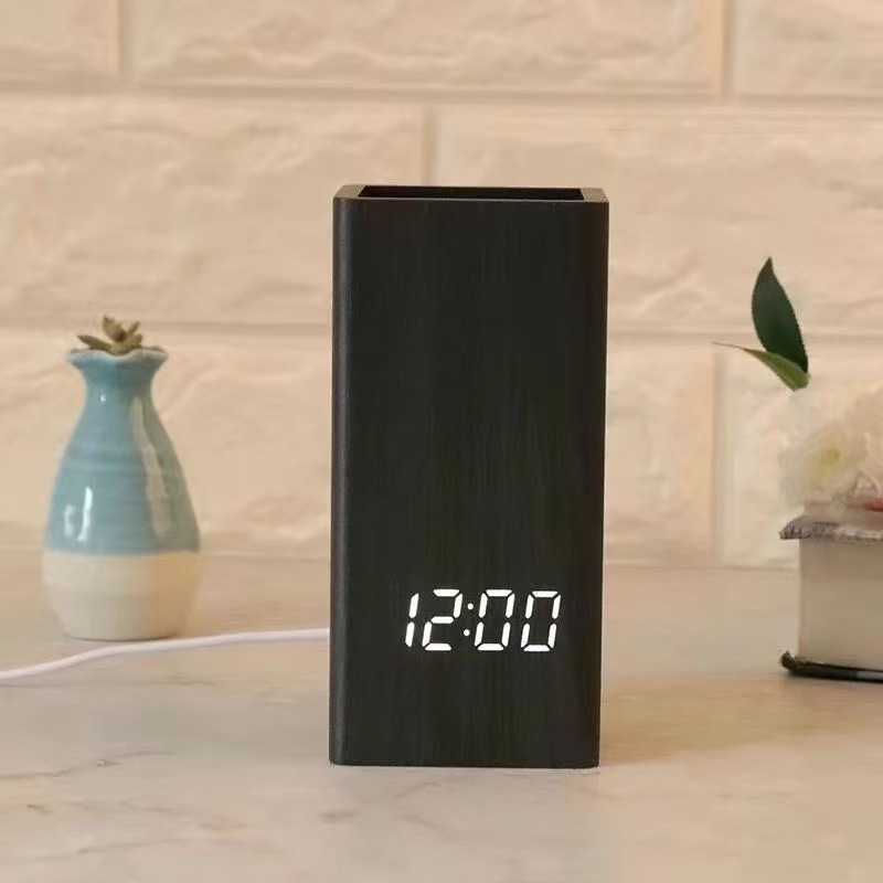 Simple home office pen holder wooden clock, wooden home pen holder alarm clock, factory direct sale