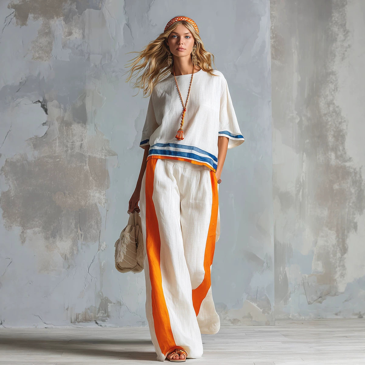 Bohemian Stripe Contrast Cotton Linen Two Piece Set Loose Three Quarter Sleeve Top Wide Leg Casual Long Pants Vacation Suit
