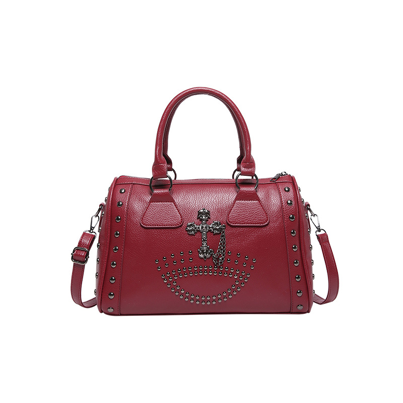 Large Capacity Punk Style Commuter Boston Cylinder Handheld Bag for Women Niche Rivet Shoulder Bag