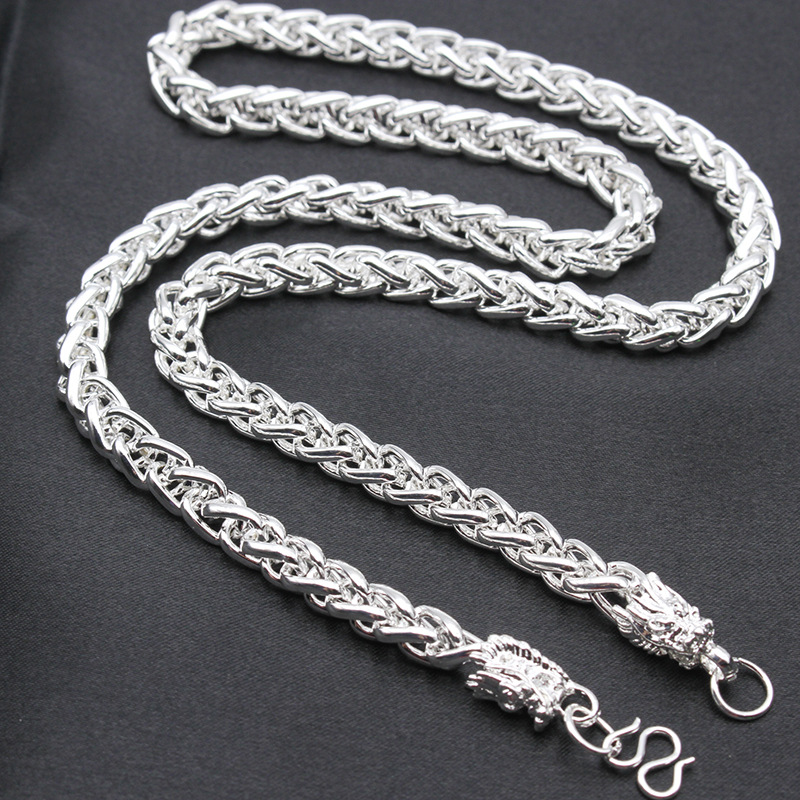 Men's Miao silver necklace imitation silver dragon pattern cloth dragon head dragon bone fox tail bamboo joint silver-plated necklace jewelry