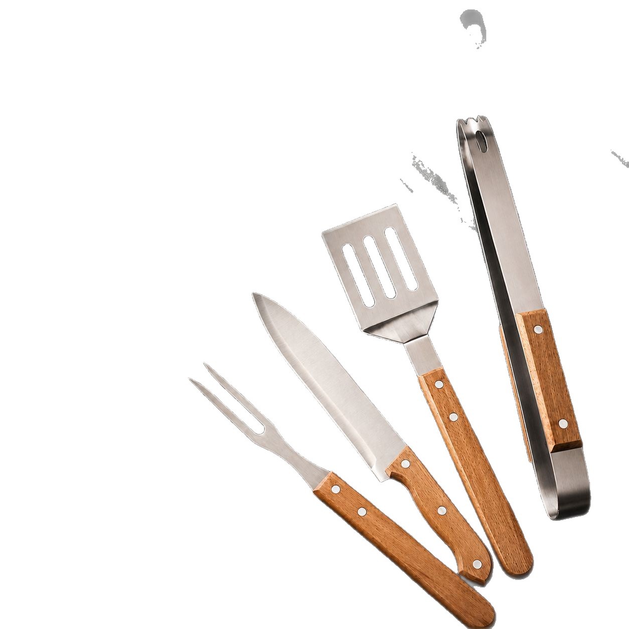 Outdoor Camping BBQ Tools Set Wooden Handle Fork Spatula Tongs BBQ Accessories Bag Stainless Steel BBQ Tools