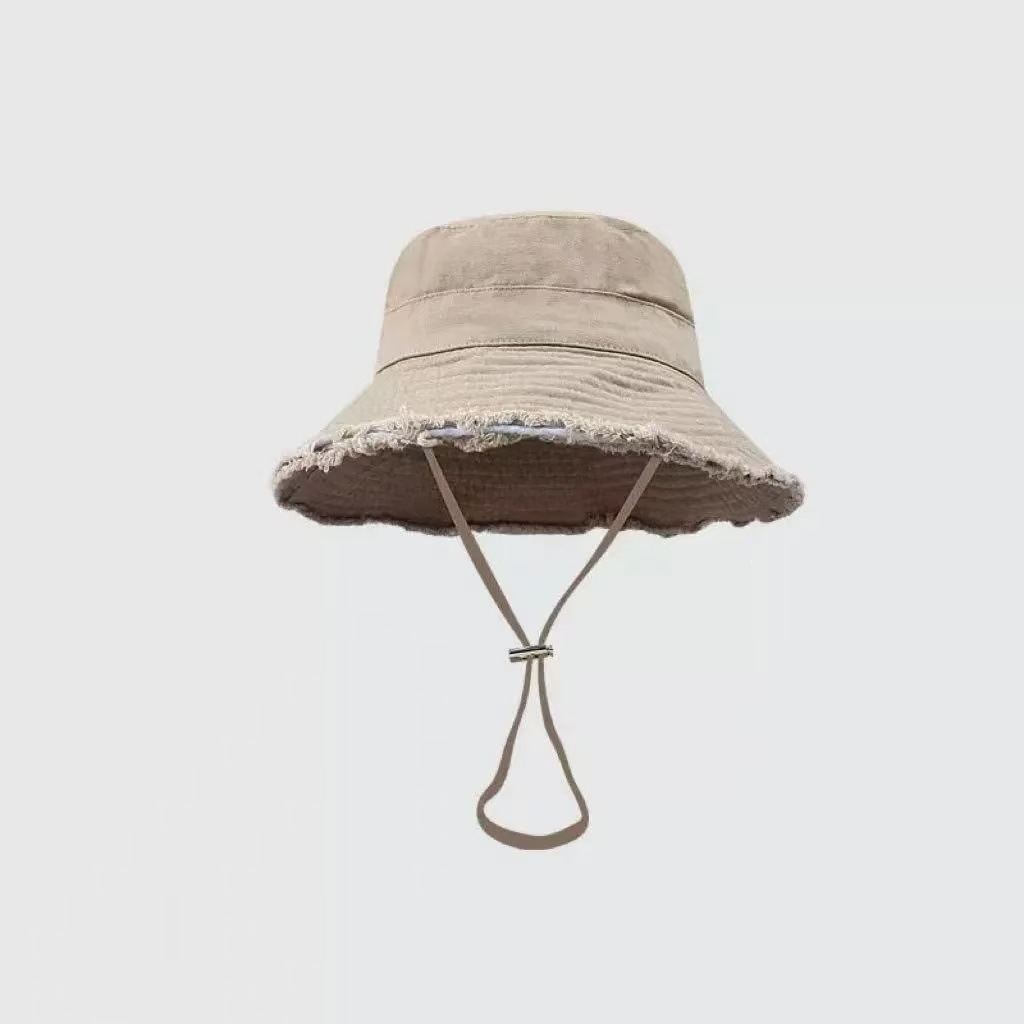 Summer Cotton Washed Raw Edge Fisherman Hat for Men and Women, Outdoor Vacation Sun Hat, Drawstring Sun Hat, Basin Hat