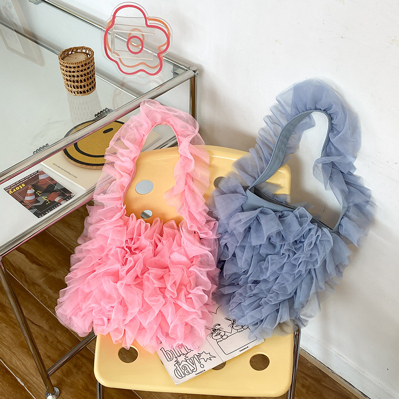 Sweet Girl Style Lace Pleated Bag Lace Soft Mesh Splicing Handbag Celebrity Style Underarm Shoulder Bag