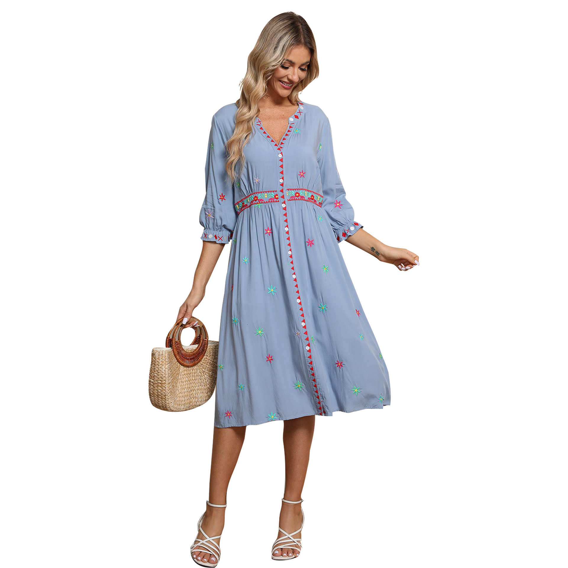 Embroidered dress women's summer slim dress women