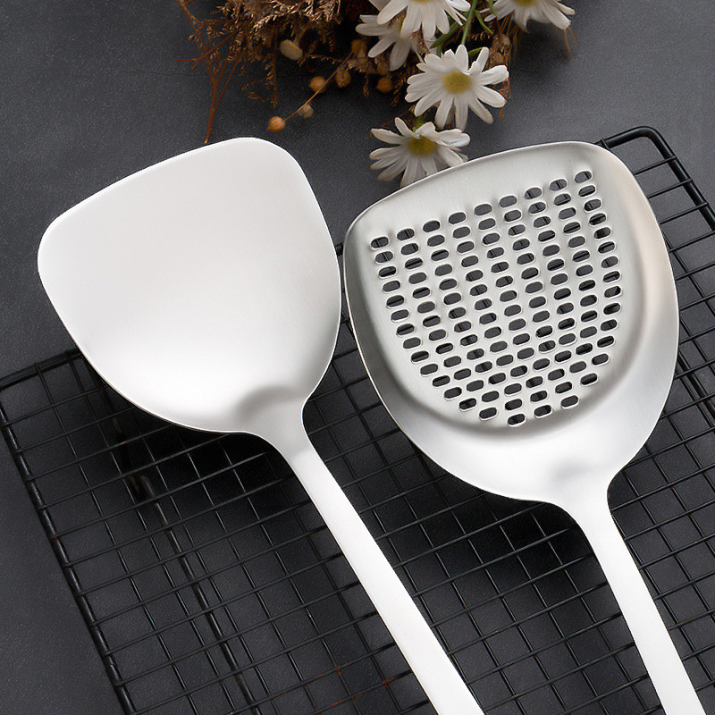 New beech wood handle stainless steel spatula wok spatula soup spoon thickened iron spatula slotted spoon frying spatula household kitchenware set