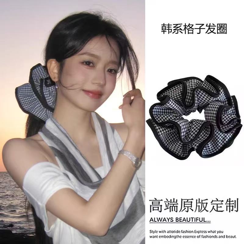 Plaid lace large hair scrunchie for women 2026 new hair tie extra large bun hair accessory head flower