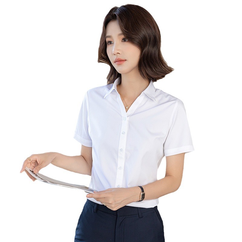 Summer Bamboo Fiber Women Short Sleeve White Shirt Professional Thin Ice Silk Blue Shirt Cardigan Work Uniform Wholesale