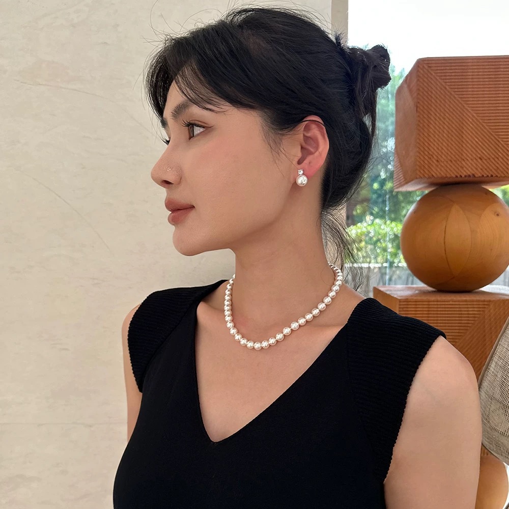 925 silver needle mirror artificial Tiannu Daifei pearl ear studs princess zircon earrings