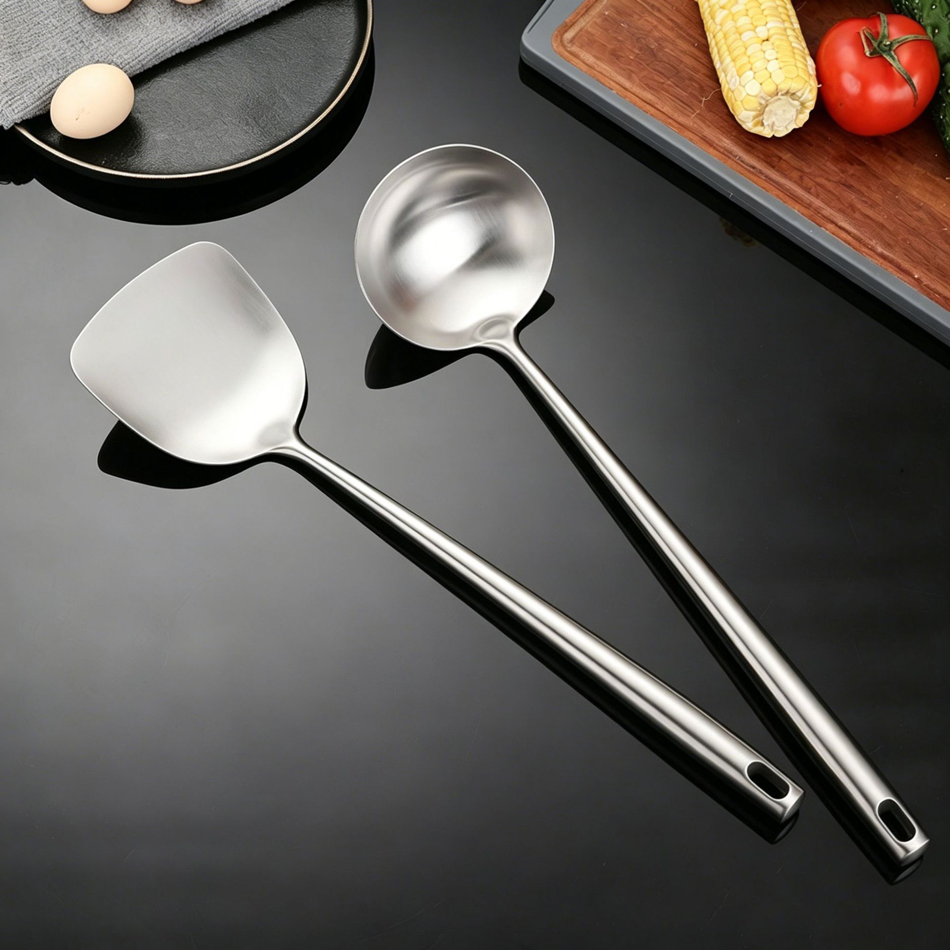 Stainless Steel Kitchen Utensils Thickened Spatula Frying Spoon All Steel Slotted Spoon Frying Spatula Chef Kitchen Anti-Scald Soup Spoon Non-Stick Pan