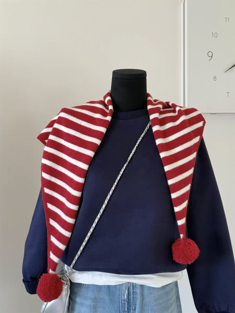 Knitted striped pom-pom outer triangle scarf women autumn and winter warm decorative shawl neck scarf
