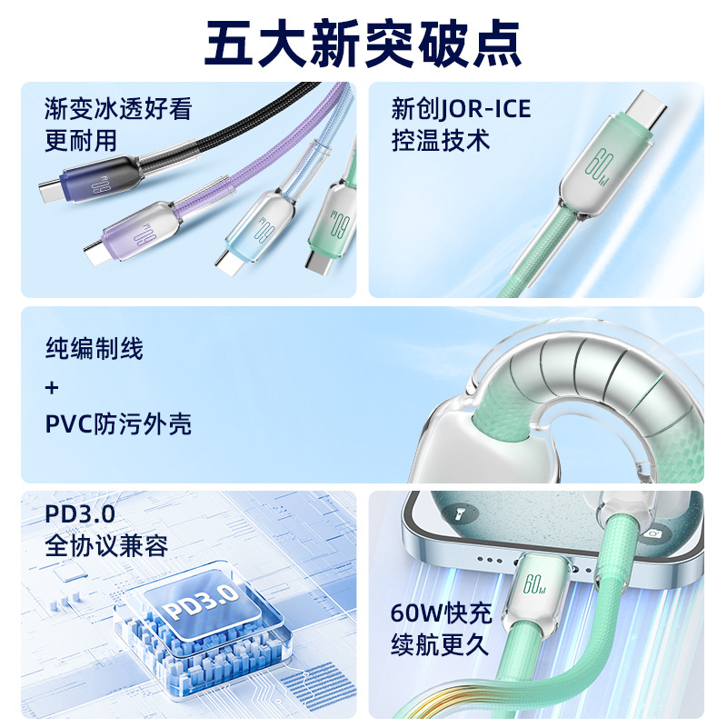 TypeC Ice Crystal Phone Fast Charging Data Cable 60W for Apple iPhone 16 Samsung Huawei Xiaomi PD30W