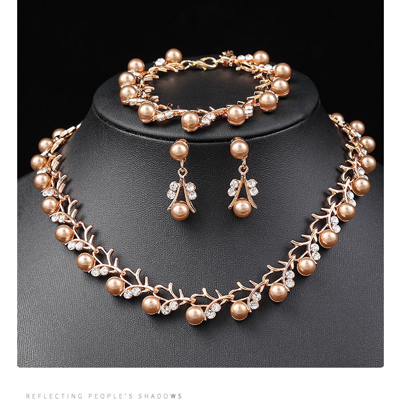 Pearl Necklace Earring Set Bride Dress Accessories Fresh Alloy Electroplated Three-Piece