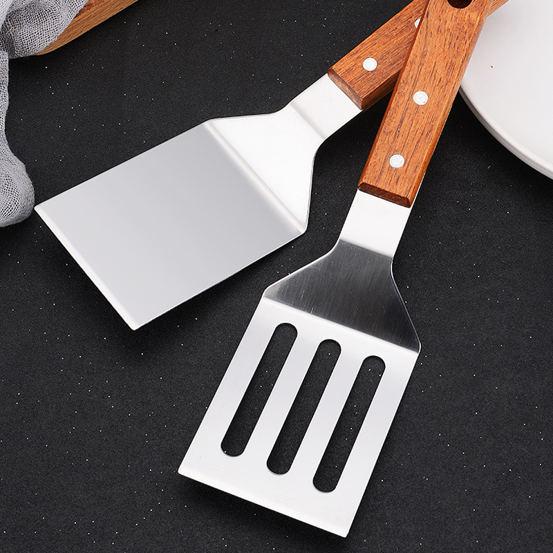 Wooden handle stainless steel frying spatula, home kitchen tool, steak spatula, hand-grabbed cake spatula, pancake spatula, teppanyaki cooking spatula