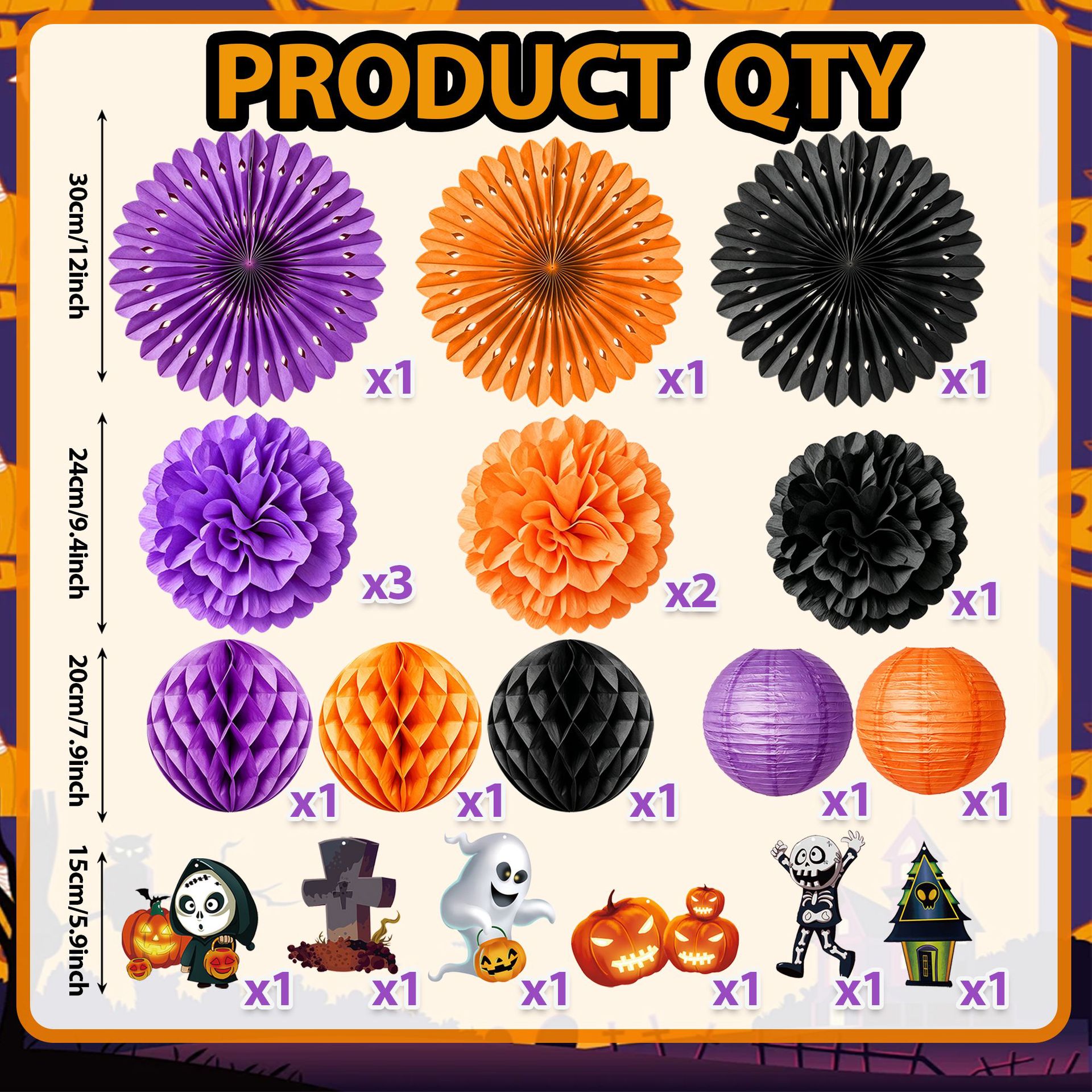 Halloween Ghost Pumpkin Theme Orange Purple Black Color Scheme Hollow Out Paper Fan Paper Flower Ball Scene Decoration Ornaments