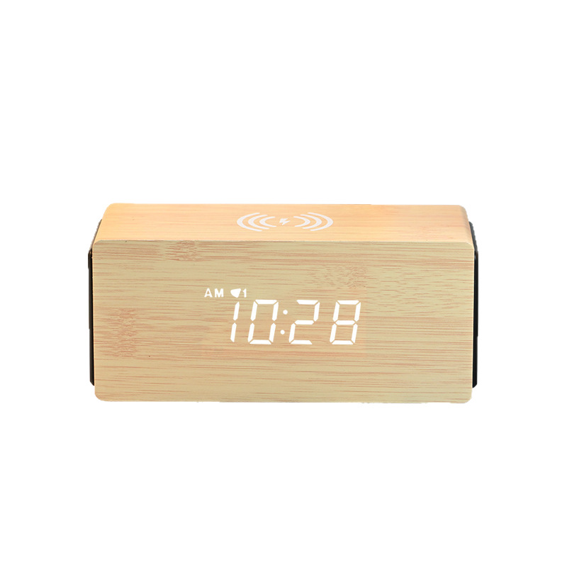 15W Bamboo Bluetooth Speaker Phone Wireless Fast Charging Office Desk Wooden Alarm Clock Multifunctional Silent Clock