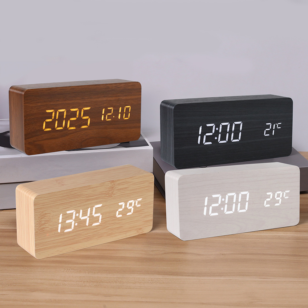 LED Wooden Clock Electronic Clock Wooden Digital Clock Voice Control Thermometer Electronic Alarm Clock