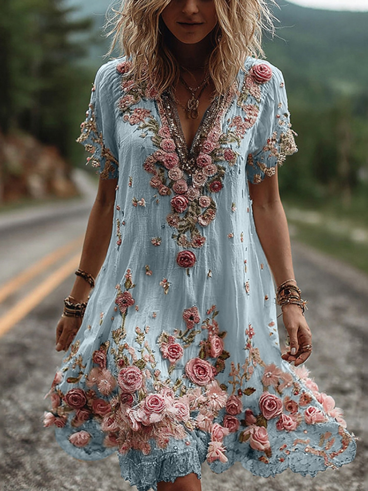 2026 Independent Station New Women's Solid Color Elegant Print Pleated Floral Dress